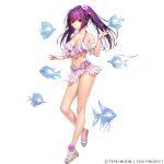  1girl bangs bare_shoulders bikini bracelet breasts cleavage collarbone fate/grand_order fate_(series) fish flower full_body hair_between_eyes hair_flower hair_ornament jewelry koyama_hirokazu large_breasts long_hair looking_at_viewer microskirt navel official_art purple_bikini purple_hair red_eyes sandals scathach_(fate) scathach_skadi_(fate) scathach_skadi_(swimsuit_ruler)_(fate) see-through skirt smile solo swimsuit twintails 