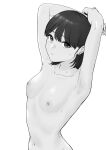  1girl absurdres armpits arms_up bangs blush breasts commentary_request ear_piercing greyscale highres looking_at_viewer monochrome nipples nose_blush nude original piercing short_hair simple_background small_breasts solo sweat tantanmen72 upper_body 
