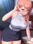 1girl bangs bare_arms bare_shoulders black_skirt blue_eyes blush book bookshelf braid breasts brown_hair cleavage cleavage_cutout clothing_cutout curtains ear_piercing glasses highres large_breasts long_hair looking_at_viewer melopun original parted_lips piercing skirt thighs watch 