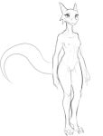  2019 anthro black_and_white breasts female full-length_portrait genitals horn kobold looking_at_viewer monochrome nipples non-mammal_breasts non-mammal_nipples nude nude_anthro nude_female portrait pupils pussy scalie sketch slit_pupils solo w4g4 