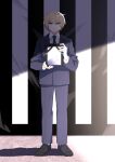  1boy akechi_hideki black_background blonde_hair blue_eyes formal framed_image full_body highres holding_picture jiitarou loafers looking_at_viewer mahjong_soul male_focus multicolored_background shoes short_hair solo suit wall white_background 