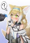  1girl ? absurdres animal_ear_fluff animal_ears arknights bare_shoulders belt_pouch blonde_hair blue_hairband blush condom fox_ears fox_girl fox_tail gloves hair_rings hairband highres holding holding_condom infection_monitor_(arknights) kitsune kyuubi multicolored_hair multiple_tails orange_eyes polka_dot polka_dot_background pouch single_glove suye suzuran_(arknights) sweat tail white_hair 