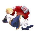 1boy bangs blonde_hair blood blood_on_ground blue_footwear closed_mouth comet_(teamon) commentary eyeball flats from_above full_body hunter_x_hunter kurapika long_sleeves lying male_focus on_ground on_side pants red_eyes sad shirt shoe_soles solo tabard tube white_background white_pants white_shirt 