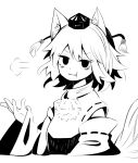  1341398tkrtr 1girl :t =3 animal_ear_fluff animal_ears bangs black_eyes closed_mouth detached_sleeves highres inubashiri_momiji looking_at_viewer monochrome pom_pom_(clothes) shirt short_hair simple_background solo tail touhou upper_body white_background white_hair white_shirt white_sleeves wolf_ears wolf_girl wolf_tail 