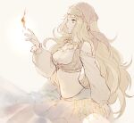  1girl blonde_hair breasts cleavage cowboy_shot dancer fire jewelry long_hair lynette_(octopath_traveler) medium_breasts midriff navel necklace octopath_traveler octopath_traveler:_champions_of_the_continent solo very_long_hair wspread 