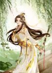  1girl artist_request black_hair canoe closed_mouth collared_dress dress hair_bun hair_ornament hand_in_own_hair highres huang_rong_(she_diao_ying_xiong_zhuan) leaf long_hair long_sleeves second-party_source she_diao_ying_xiong_zhuan sheath sheathed shiny shiny_hair smile solo tassel upper_body water yellow_dress 