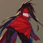  1boy arm_strap bangs black_hair black_shirt cloak covered_mouth final_fantasy final_fantasy_vii floating_hair grey_background headband high_collar highres long_hair long_sleeves looking_at_viewer male_focus miromari parted_bangs red_cloak red_eyes red_headband shirt solo torn_cloak torn_clothes upper_body vincent_valentine 