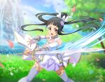  1girl black_hair blurry blurry_background brown_eyes day detached_sleeves fingerless_gloves floating_hair flower game_cg gloves grey_thighhighs hair_flower hair_ornament holding holding_sword holding_weapon long_hair long_sleeves miniskirt open_mouth outdoors petals ponytail purple_flower purple_skirt skirt solo sword sword_art_online thighhighs v-shaped_eyebrows very_long_hair weapon white_gloves white_sleeves yui_(sao) zettai_ryouiki 