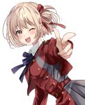  1girl ;d arm_at_side bangs belt belt_buckle blonde_hair blush buckle buttons dress finger_gun fingernails foreshortening from_side grey_dress hair_between_eyes hair_ribbon hand_up highres leaning_forward long_sleeves looking_at_viewer looking_to_the_side lycoris_recoil lycoris_uniform neck_ribbon nishikigi_chisato one_eye_closed one_side_up open_mouth orange_eyes outstretched_arm pleated_dress pointing pointing_at_viewer purple_ribbon red_belt red_dress red_ribbon ribbon roko_(pe0e07) school_uniform short_hair simple_background smile solo standing teeth two-tone_dress upper_body upper_teeth white_background 