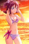  1girl aida_mana beach bikini breasts cloud cloudy_sky collarbone cowboy_shot dokidoki!_precure hanzou highres medium_breasts medium_hair ocean orange_sky pink_bikini ponytail precure sky small_breasts sun sunset swimsuit water 