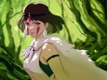  1girl armlet bangs black_hair black_undershirt breasts cape circlet earrings facepaint floating_hair forest fur_cape green_eyes highres jewelry looking_at_viewer medium_breasts miromari mononoke_hime nature necklace outdoors parted_bangs san_(mononoke_hime) shirt short_hair sleeveless sleeveless_shirt solo tooth_necklace tree upper_body white_shirt 