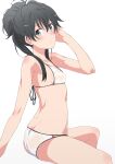  1girl absurdres bangs bikini black_hair blue_eyes breasts collarbone commentary_request highres long_hair looking_at_viewer ponytail shou937 sidelocks simple_background sitting small_breasts solo swimsuit white_background white_bikini yahari_ore_no_seishun_lovecome_wa_machigatteiru. yukinoshita_yukino 