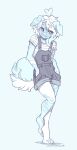  2018 anthro artist_name barefoot biped blue_background blue_theme bren_(meekhowl) canid canine caninelove canis clothing digital_media_(artwork) domestic_dog feet fluffy fluffy_tail folded_ears full-length_portrait girly hand_in_pocket hi_res hindpaw male mammal monochrome overalls pattern_clothing pattern_shirt pattern_topwear paws pockets portrait shirt simple_background solo standing striped_clothing striped_shirt striped_topwear stripes topwear 