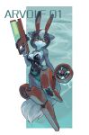  absurd_res breasts bunny_costume canid canine canis clothed clothing costume female fur gun hi_res machine mammal ranged_weapon robot rubber rubber_clothing shanher simple_background solo underwater water weapon wolf 