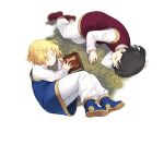  2boys ankle_boots arm_pillow bangs blonde_hair blue_footwear blue_tunic book bookmark boots brown_hair child closed_eyes closed_mouth comet_(teamon) commentary from_above full_body hunter_x_hunter kurapika long_sleeves lying male_child male_focus multiple_boys on_ground on_side pairo pants red_footwear red_tunic shirt shoe_soles sleeping symmetrical_pose upside-down white_background white_pants white_shirt younger 