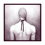  1boy arms_at_sides bella_scottland border facing_away from_behind hair_over_shoulder hunter_x_hunter kite_(hunter_x_hunter) long_hair male_focus monochrome nude ribbon shoulder_blades solo stitched_arm stitched_neck stitches straight_hair upper_body 