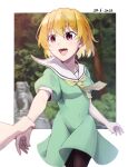  1girl 2022 :d bangs black_pantyhose blonde_hair blurry blurry_background blurry_foreground dated dconan_owo dress green_dress hair_between_eyes highres higurashi_no_naku_koro_ni holding_another&#039;s_wrist houjou_satoko neckerchief open_mouth pantyhose red_eyes sailor_collar sailor_collar_lift sailor_dress shiny shiny_hair short_dress short_hair short_sleeves smile solo_focus straight_hair walking white_sailor_collar yellow_neckerchief 