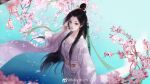  1girl absurdres bamboo black_hair branch cherry_blossoms chinese_clothes closed_mouth earrings hair_bun hair_tie hand_in_own_hair hanfu highres huang_rong_(she_diao_ying_xiong_zhuan) jewelry kikyoism long_hair looking_to_the_side necklace she_diao_ying_xiong_zhuan smile solo upper_body water 