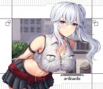  1girl arm_strap bangs bare_shoulders belt black_skirt blue_eyes blush breasts buran_(22x) cleavage closed_mouth commentary_request commission crossed_bangs grey_hair highres large_breasts long_hair looking_at_viewer navel original pleated_skirt red_belt side_ponytail skeb_commission skirt smile solo 