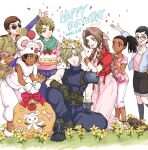  3girls 4boys aerith_gainsborough animal_hat aqua_eyes armor baggy_pants bandaged_arm bandages bangle bangs basket belt birthday_cake black_footwear black_hair black_shorts blonde_hair blue_pants blue_shirt boots bracelet braid braided_ponytail brown_eyes brown_gloves brown_hair cake calf_socks choker cloud_strife collared_shirt cosplay cropped_jacket curly_hair dark-skinned_female dark-skinned_male dark_skin dated dress falling_petals female_child final_fantasy final_fantasy_vii final_fantasy_vii_remake flower flower_choker food fur_collar fur_gloves glasses gloves green_eyes green_scarf green_shirt hair_between_eyes hair_ribbon hand_on_another&#039;s_head hand_up happy_birthday hat head_wreath highres holding holding_basket holding_cake holding_flower holding_food holding_sack jacket jewelry knee_up kneeling long_dress long_sleeves male_child moggie_(ff7r) moogle moogle_(cosplay) multiple_belts multiple_boys multiple_girls oates_(ff7r) open_mouth outstretched_arms pants parted_bangs petals pink_dress pink_ribbon pink_shirt purple_pants red_jacket ribbon sack scarf shirt short_hair short_sleeves shorts shoulder_armor sidelocks sitting sleeveless sleeveless_turtleneck smile spiked_hair sunglasses suspenders teeth throwing_petals turtleneck twitter_username upper_teeth wavy_hair white_background white_footwear white_gloves white_headwear white_pants white_shirt yellow_flower you_(blacknwhite) 