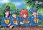  1990s_(style) bangs black_eyes black_hair blue_eyes blue_hair company_name crossed_arms day fujisaki_shiori green_eyes green_hair hair_bobbles hair_bun hair_ornament hair_rings hairband hand_on_another&#039;s_shoulder hand_to_head katagiri_ayako kokura_masashi konami logo long_hair long_sleeves looking_at_viewer nijino_saki non-web_source official_art open_mouth outdoors pink_eyes pink_hair retro_artstyle scan school_uniform short_hair smile tatebayashi_miharu tokimeki_memorial tokimeki_memorial_1 