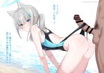  1girl ? animal_ear_fluff animal_ears ass backless_swimsuit bangs bar_censor bare_arms beach bent_over black_swimsuit blue_archive blue_eyes blush breasts censored chicke_iii closed_mouth clothes_pull competition_swimsuit erection extra_ears from_side grey_hair hair_between_eyes halo highres long_hair looking_at_viewer looking_to_the_side medium_breasts one-piece_swimsuit parted_lips penis shiroko_(blue_archive) shiroko_(swimsuit)_(blue_archive) solo_focus spoken_question_mark sweat swimsuit swimsuit_pull testicles thong_swimsuit water wedgie 