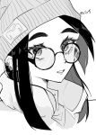  1girl beanie character_name earrings glasses greyscale hair_behind_ear hat jacket jewelry killjoy_(valorant) lime_foxy looking_at_viewer monochrome parted_lips round_eyewear smile solo valorant white_background 