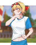  1girl alternate_costume blonde_hair blue_shirt blush clothes_lift commentary earrings eyewear_on_head hair_between_eyes highres hololive hololive_indonesia jewelry kaela_kovalskia medium_hair mitsumine_(ookami_no_oyashiro) navel parted_lips red-tinted_eyewear red_eyes shirt shirt_lift short_sleeves solo sweat symbol-only_commentary tinted_eyewear two-tone_shirt upper_body virtual_youtuber white_shirt wiping_sweat 