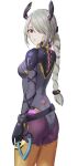  1girl amayo_thranana ass bodysuit braid breasts collar colored_skin grey_hair grey_skin hair_over_one_eye highres long_hair looking_back metal_collar red_eyes segiri_(xenoblade) small_breasts white_background xenoblade_chronicles_(series) xenoblade_chronicles_3 