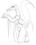  2019 anthro black_and_white female full-length_portrait genitals hi_res kneeling looking_at_viewer monochrome nintendo nude nude_anthro nude_female pok&eacute;mon pok&eacute;mon_(species) portrait pussy salazzle scalie sketch solo video_games w4g4 