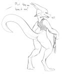  2019 anthro black_and_white bottomless bottomless_anthro bottomless_female butt clothed clothing dialogue english_text female full-length_portrait hi_res holding_clothing holding_object holding_panties holding_underwear kobold monochrome panties portrait rear_view scalie shirt sketch solo tank_top text topwear underwear unseen_character w4g4 