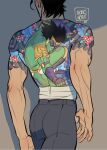  1boy back_tattoo bandages black_hair character_tattoo from_behind highres irezumi jojo_no_kimyou_na_bouken kujo_jotaro male_focus nihonga nononorits short_hair signature solo star_platinum stardust_crusaders tattoo topless_male ukiyo-e yakuza 