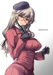  1girl black_gloves black_headwear formal girls_und_panzer glasses gloves hand_fan hat high_collar jacket light_brown_hair long_hair long_sleeves low-tied_long_hair mature_female red_jacket shimada_chiyo shinshin skirt skirt_suit smile solo straight_hair suit twitter_username 