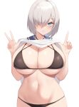  1girl bangs bikini black_bikini blue_eyes breasts cleavage clothes_lift commentary eyelashes grey_hair groin hair_ornament hair_over_one_eye hairclip hamakaze_(kancolle) hands_up highres huge_breasts kantai_collection kuavera lifted_by_self navel parted_lips raised_eyebrow sailor_collar shirt_lift short_hair simple_background sitting skindentation solo swimsuit underboob white_background 