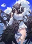 1girl absurdres albedo_(overlord) bangs bare_shoulders belt black_feathers black_hair black_nails black_wings breasts cleavage closed_mouth contemporary day demon_girl demon_horns demon_wings dress feathers frills highres horn_ornament horn_ribbon horns large_breasts long_bangs long_hair long_sleeves low_wings nail_polish off-shoulder_sweater off_shoulder overlord_(maruyama) ribbon shirt solo strash sweater sweater_dress thigh_strap thighs very_long_hair white_shirt white_sweater wings wrist_ribbon yellow_eyes 