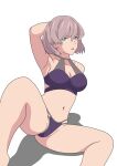 1girl arm_at_side arm_on_head bikini blue_eyes breasts grey_hair gridman_universe halter_top halterneck highres knee_up looking_at_viewer medium_breasts mujina multi-strapped_bikini navel open_mouth purple_bikini shadow short_hair simple_background sitting solo ssss.dynazenon stomach swimsuit thighs user_yuvf2838 white_background 