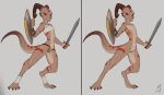  2019 alternate_version_at_source anthro casual_nudity chest_wraps clothed clothing countershading female flat_chested foot_wraps genitals hi_res holding_object holding_shield holding_sword holding_weapon horn kobold melee_weapon nude off/on pose pussy scalie shield solo sword tan_body thong underwear w4g4 weapon wraps 