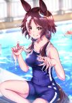  1girl :d alternate_hairstyle animal_ears bangs blue_swimsuit blurry blurry_background brown_hair grin hero_(10cl3) highres horse_ears horse_girl horse_tail indoors looking_at_viewer one-piece_swimsuit pool poolside school_swimsuit sitting smile solo swimsuit tail teeth umamusume vodka_(umamusume) water wet wet_hair when_you_see_it yellow_eyes 