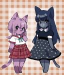  2girls :o animal_ears animal_feet animal_hands animal_nose aqua_ribbon arms_at_sides bangs black_dress blue_eyes blue_hair blunt_bangs braid breast_pocket brown_background buttons cat_ears cat_tail closed_mouth collared_dress dress full_body furrification furry furry_female hand_up highres kamihama_university_affiliated_school_uniform long_hair magia_record:_mahou_shoujo_madoka_magica_gaiden mahou_shoujo_madoka_magica medium_hair miniskirt multiple_girls nanami_yachiyo neck_ribbon no_shoes outline pink_eyes pink_fur pink_hair pink_nose plaid plaid_background plaid_skirt pocket polka_dot polka_dot_dress ponytail puffy_short_sleeves puffy_sleeves red_sailor_collar red_skirt ribbon sailor_collar sailor_shirt school_uniform serafuku shirt short_sleeves side_braid sidelocks skirt smile standing straight_hair tail tamaki_iroha uwded_207 whiskers white_outline white_shirt 