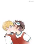  2boys basketball_uniform bishounen blonde_hair blue_eyes brown_hair character_request closed_eyes commentary_request couple digimon eye_contact french_kiss goggles goggles_on_head highres indoors kim_gyuri kiss looking_at_another male_focus multiple_boys sportswear surprise_kiss surprised upper_body yaoi 