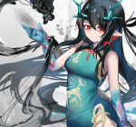  1girl ao_oni_(onioni-aoi) arknights bangs bare_shoulders black_hair blue_dress blue_skin breasts closed_mouth colored_skin cowboy_shot dragon dragon_horns dress dusk_(arknights) dusk_(everything_is_a_miracle)_(arknights) earrings expressionless gradient_skin green_hair hair_rings hand_up highres horns jewelry long_hair looking_at_viewer medium_breasts multicolored_hair official_alternate_costume pelvic_curtain pointy_ears red_eyes sleeveless sleeveless_dress solo streaked_hair sword tassel tassel_earrings two-tone_hair very_long_hair weapon 