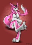  anthro blep claws colored_sketch ears_up featureless_crotch feet female foot_focus front_view fur glistening glistening_eyes glistening_tongue green_eyes grey_claws hi_res looking_at_viewer narrowed_eyes pink_body pink_fur pink_tail red_tongue signature simple_background sketch solo tongue tongue_out white_body white_fur white_tail yaoifairy 