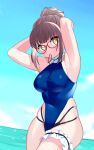  1girl beach breasts brown_hair glasses hair_bun hair_tie hair_tie_in_mouth highres jiitarou large_breasts looking_at_viewer mahjong_soul mouth_hold ninomiya_hana ocean one-piece_swimsuit solo swimsuit tight tying_hair yellow_eyes 