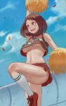  1girl arm_up bangs bare_shoulders blue_sky blush_stickers boku_no_hero_academia breasts brown_eyes brown_hair cheerleader cloud commentary confetti crop_top day from_below heavy_breathing highres holding holding_pom_poms kneehighs looking_to_the_side medium_breasts miniskirt navel no_bra open_mouth orange_skirt outdoors pleated_skirt pom_pom_(cheerleading) shirt shoes skirt sky sleeveless sleeveless_shirt smile sneakers socks solo standing standing_on_one_leg teeth thighs underboob upper_teeth uraraka_ochako zefrableu 