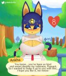 &lt;3 absurd_res alternate_version_at_source animal_crossing ankha_(animal_crossing) anthro big_breasts blue_eyes blue_eyeshadow blue_hair blush breasts cleavage cleavage_cutout clothed clothing curvy_figure detailed_background dialogue digital_media_(artwork) domestic_cat english_text eyelashes eyeshadow felid feline felis female flustered fur gammainks gift grass hair header header_box hi_res holding_gift holding_object huge_breasts keyhole_turtleneck looking_aside makeup mammal nintendo number numbered_heart outside plant romantic short_hair signature solo standing sweater talking_to_viewer text text_box topwear tree turtleneck_sweater video_games white_clothing white_sweater white_topwear yellow_body yellow_fur 