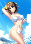  1girl arm_up armpits bangs blue_sky breasts brown_hair cleavage cloud commentary_request commission day hair_between_eyes hair_ribbon hairband medium_breasts navel outdoors ribbon short_hair skeb_commission sky slingshot_swimsuit solo suzumiya_haruhi suzumiya_haruhi_no_yuuutsu swimsuit white_swimsuit yellow_eyes yellow_hairband yellow_ribbon zen_(kamuro) 