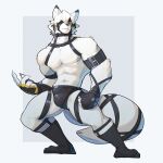  anthro black_bottomwear black_clothing bottomwear canid canine canis clothing footwear fur handwear hi_res jrjresq leather_straps male mammal muscular muscular_anthro muscular_male one_eye_obstructed simple_background socks solo von_lycaon white_body white_fur wolf 