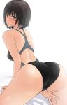  1girl amagami ass black_hair black_swimsuit breasts brown_eyes competition_swimsuit from_behind highres looking_at_viewer looking_back nanasaki_ai one-piece_swimsuit short_hair simple_background small_breasts solo swimsuit two-tone_swimsuit white_background yoo_tenchi 