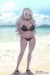  arms_behind_back ass_visible_through_thighs bare_legs bare_shoulders beach bikini black_bikini blue_eyes blurry blurry_background blush breasts cleavage collar collarbone depth_of_field elf flip-flops frilled_bikini frills full_body gem grey_hair highres kimura_shigetaka large_breasts long_hair looking_at_viewer mole mole_under_mouth navel ocean original parted_lips pointy_ears ponytail ribbon sandals side-tie_bikini sparkle standing stomach swimsuit very_long_hair water yellow_ribbon 