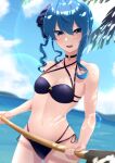  1girl :d absurdres bangs bikini blue_eyes blue_hair blue_sky blush breasts choker cloud day earrings eyebrows_hidden_by_hair highres holding hololive hoshimachi_suisei jewelry kasoku_souchi long_hair looking_at_viewer mountain navel ocean outdoors palm_tree purple_bikini sky small_breasts smile solo swimsuit tree virtual_youtuber 